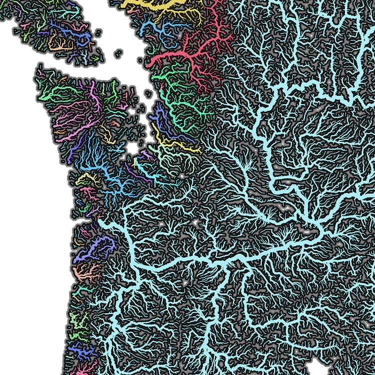 A map of Watersheds in the Cascadia Bioregion in the Pacific Northwest of the North American continent.