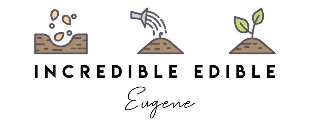 Incredible Edible Eugene logo.  If you eat, you're in! Coined be Incredible Edible Todmorden.